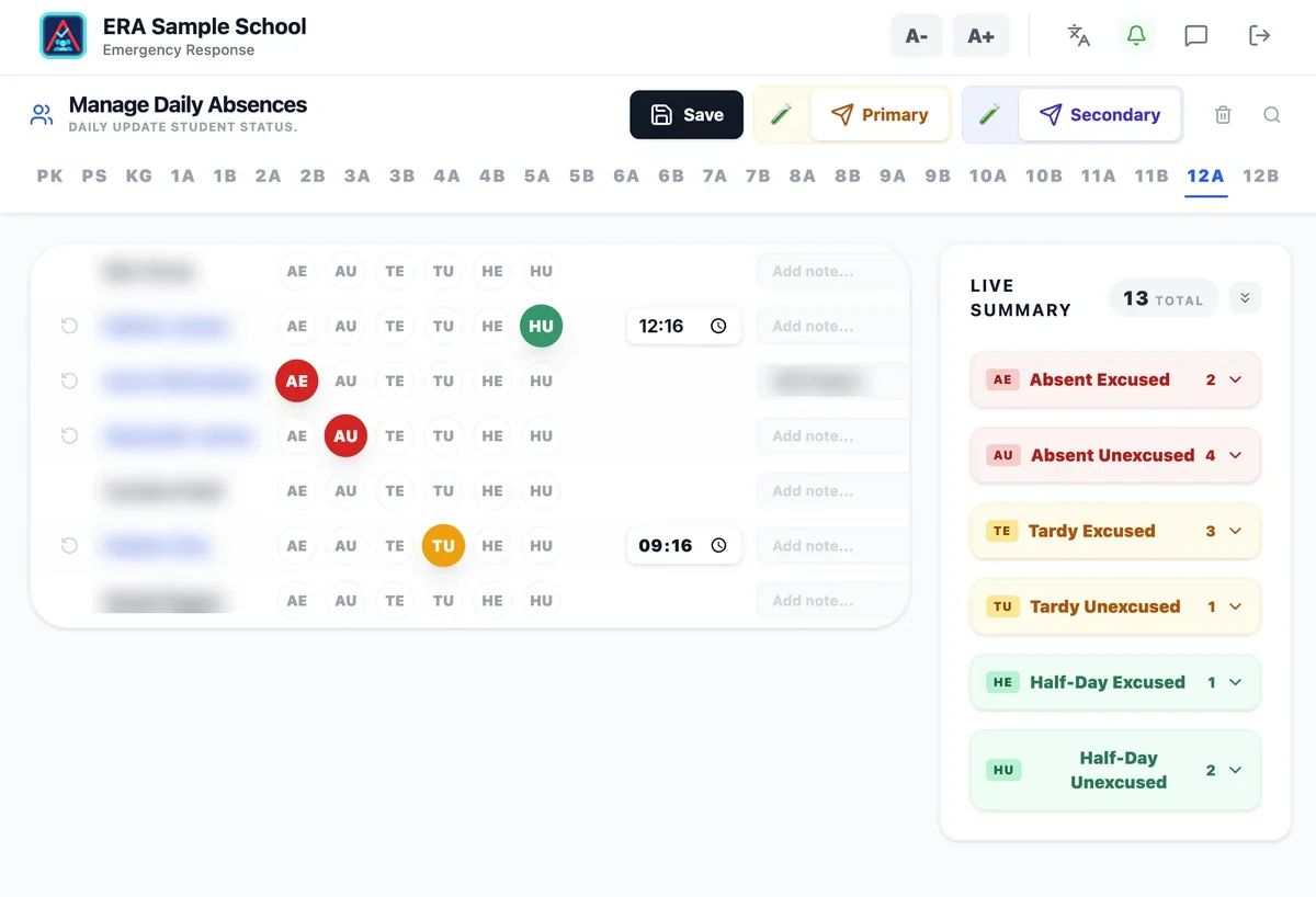 ERA attendance screen: absence codes per student and a live summary
