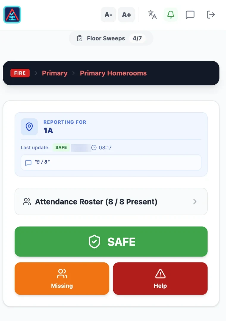 ERA staff screen during a fire drill: reporting for room 1A with Safe, Missing and Help buttons